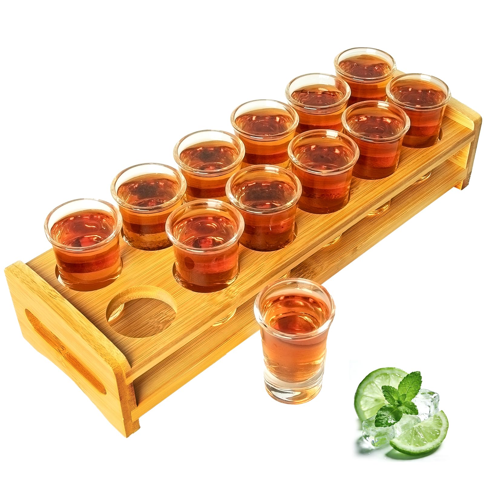 SuproBarware Shot Glass Set Bulk Cocktail Holder and Shot Glasses 1oz/30ml Drinks Serving Board Organizer with Clear Crystal Glass 12 pcs for Liquor Shots Whisky Brandy Vodka Rum at Home Party Bar