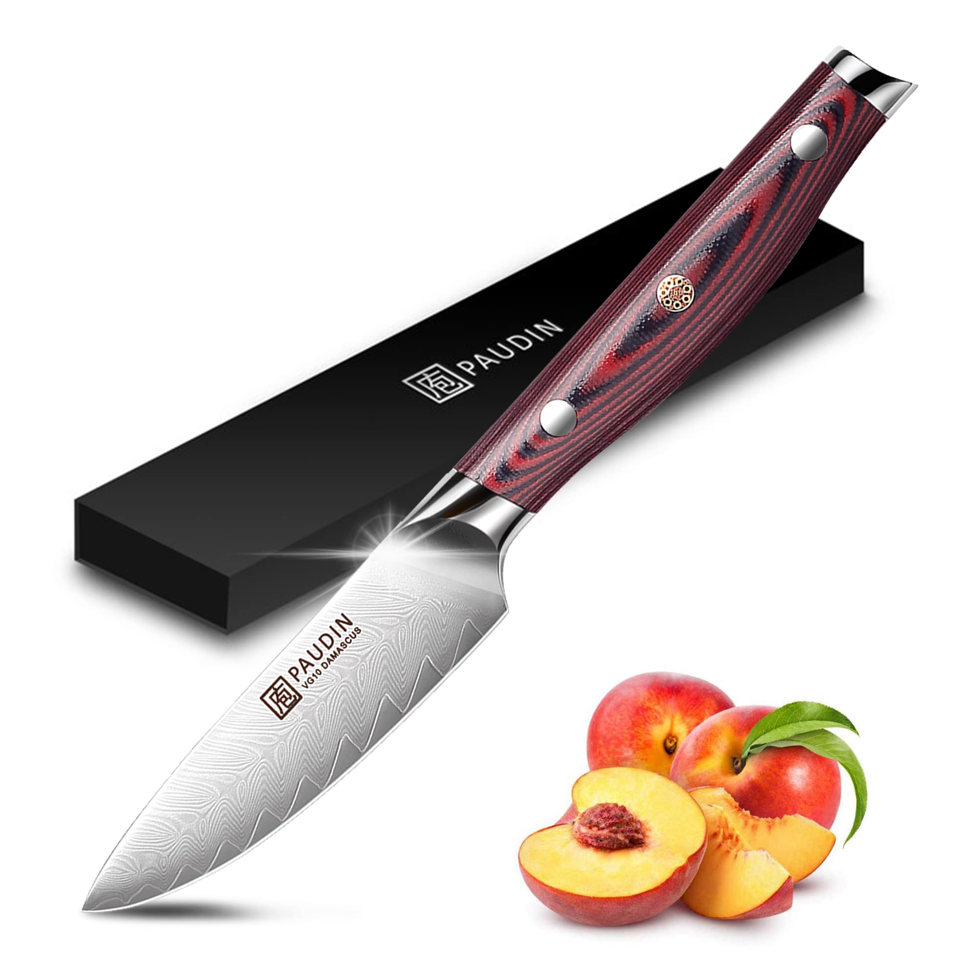 PAUDIN 3.5 Inch Paring Knife, Damascus Stainless Steel Blade Full Tang G10 Handle, Sharp VG10 Steel Fruit Knife and Vegetable Peeling Knife Image