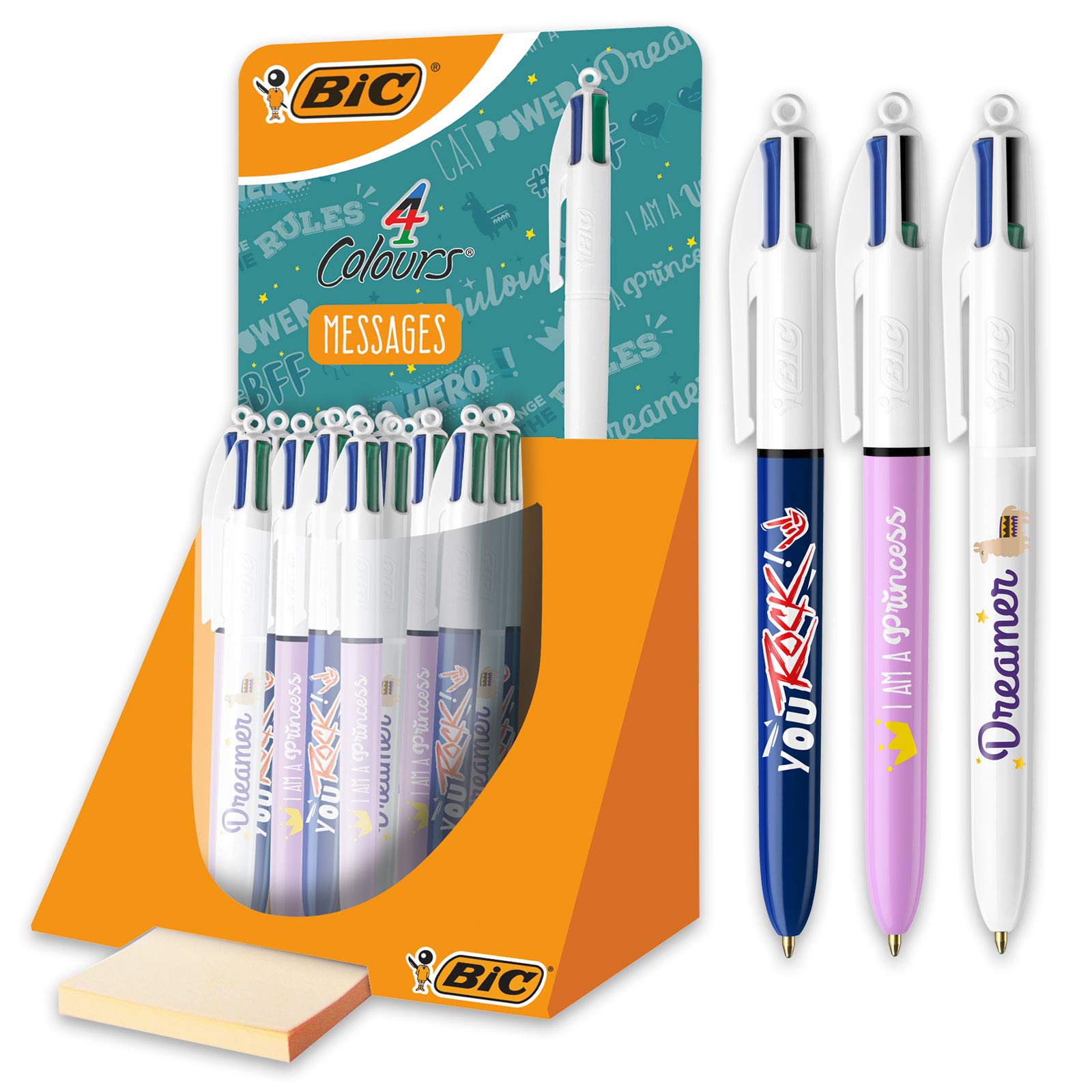 BIC 4-Colour Messages Retractable Ballpoint Pens Medium Point (1 mm) Assorted Decorations, Tube Pack of 30,Blue,Green,Red,Black