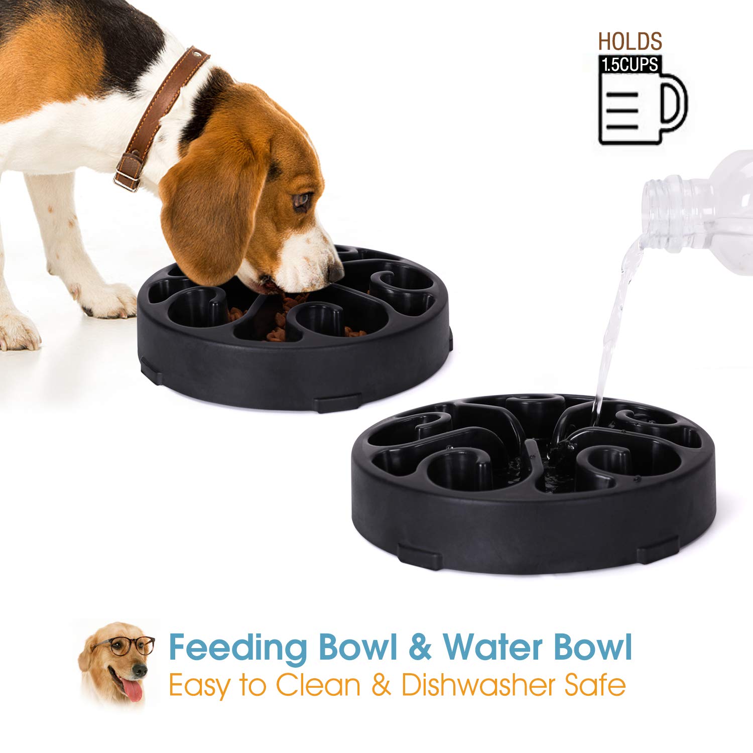 Whippy Fun Slow Feeder Dog Bowl, Upgrade Non Slip Puzzle Bowl Fun Feeder Interactive Bloat Stop Dog Bowl (Black, 1.5-2 Cup)