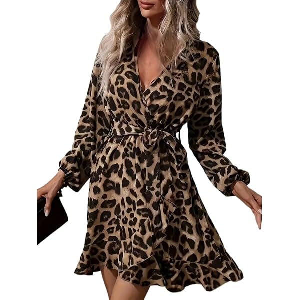 WDIRARA Women's Leopard Print Wrap V Neck Long Sleeve Rufffle Hem A Line  Short Dress Multicolor Animal 0XL at Amazon Women's Clothing store
