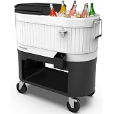 Permasteel Rolling Patio Cooler &ndash; Large Outdoor Ice Chest with Wheels, Beverage Cooler for Backyard, BBQ, Tailgate, Beach, Parties, Rustic Farmhouse Design