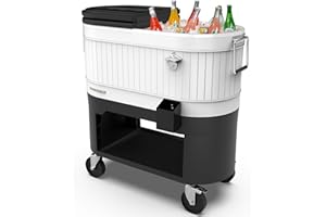 Permasteel Rolling Patio Cooler – Large Outdoor Ice Chest with Wheels, Beverage Cooler for Backyard, BBQ, Tailgate, Beach, Parties, Rustic Farmhouse Design