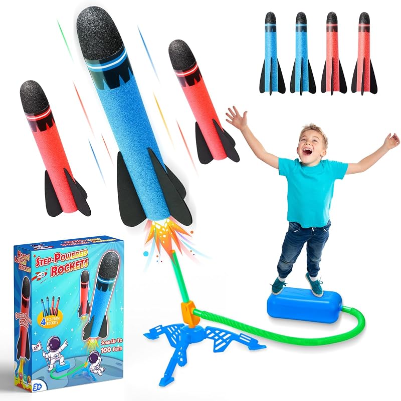 HappyGoLucky Rockets Toy Launcher 4 Foam Rockets Outdoor Kids Age 3-12