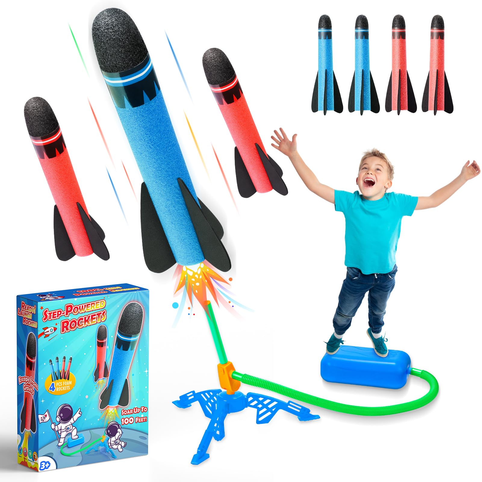 HappyGoLucky Kids Toys Age 3-12, Rockets Toys for 4-10 Year Old Boys 3-9 Year Old Boys Girls Gifts Rocket Toy Launcher Boys Age 5 6 7 Outdoor Garden Game Birthday Gifts for Kids