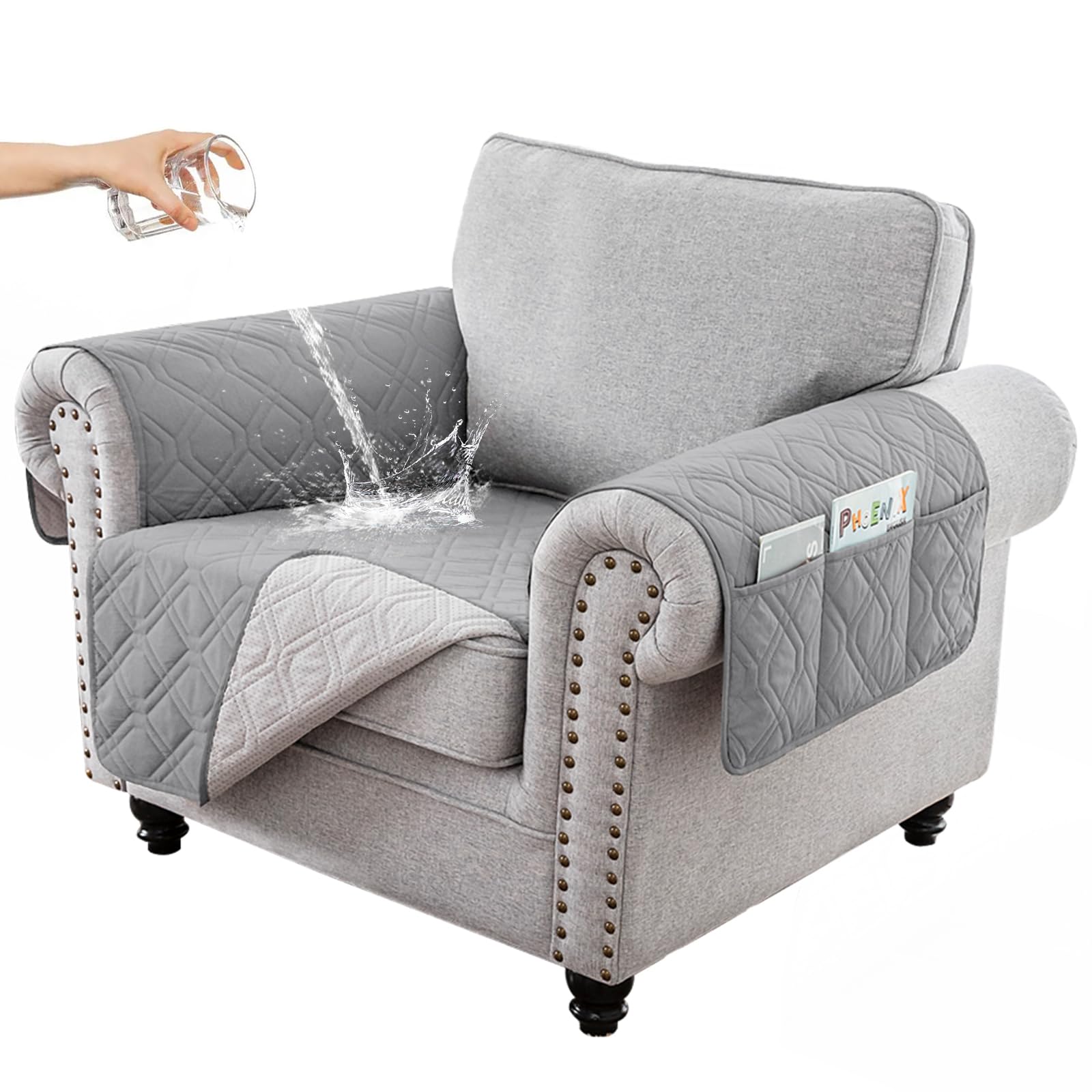 RAPRAP 100% Waterproof Armchair Cover with Side Pockets, Washable Anti-slip Chair Cover for Single Sofa Couch, Furniture Protector Cover for Pets Children Dog Cat, Light Gray,1 Seater