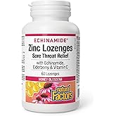 Natural Factors Zinc Lozenges, Honey Blossom Flavour, 60 Lozenges, with Echinamide, Elderberry & Vitamin C, Sore Throat Relie