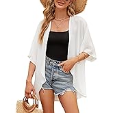 Chunoy Women Casual Summer Open Front Blouse Top Shawl Summer Chiffon Kimono Cardigan Cover Up White Small