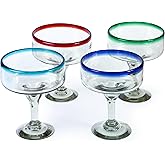Handmade con Amor 16 oz Hand Blown Mexican Margarita Glasses Set of 4 - Assorted colors