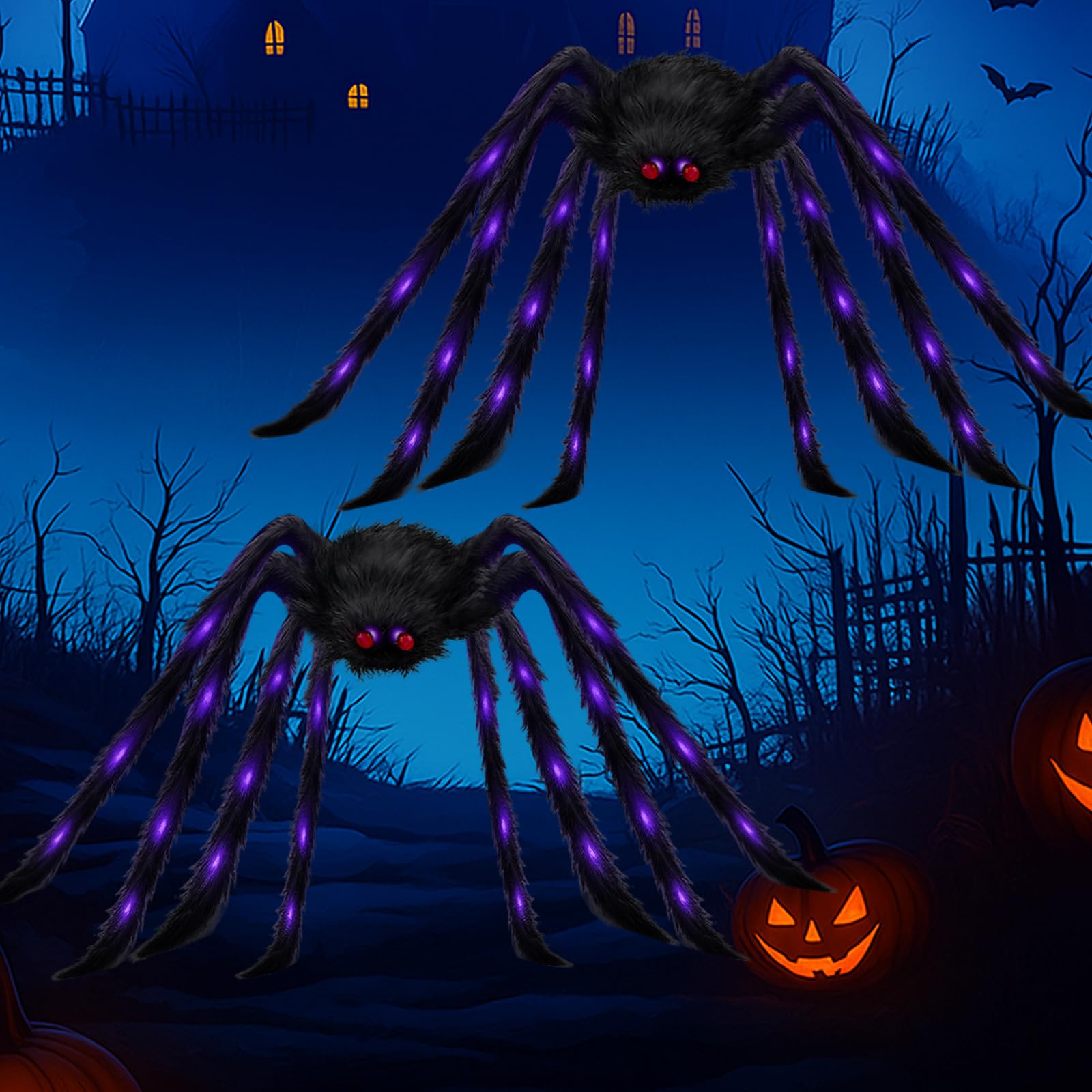 Photo 1 of 2Pack Upgraded 6.6FT Giant Spiders Halloween Spiders Decorations, 50LED Creepy Light up Spiders with 6 Lighting Mode, 2 Red Eyes, Black Hairy Scary Fake Spiders Halloween Spider Outdoor Decorations