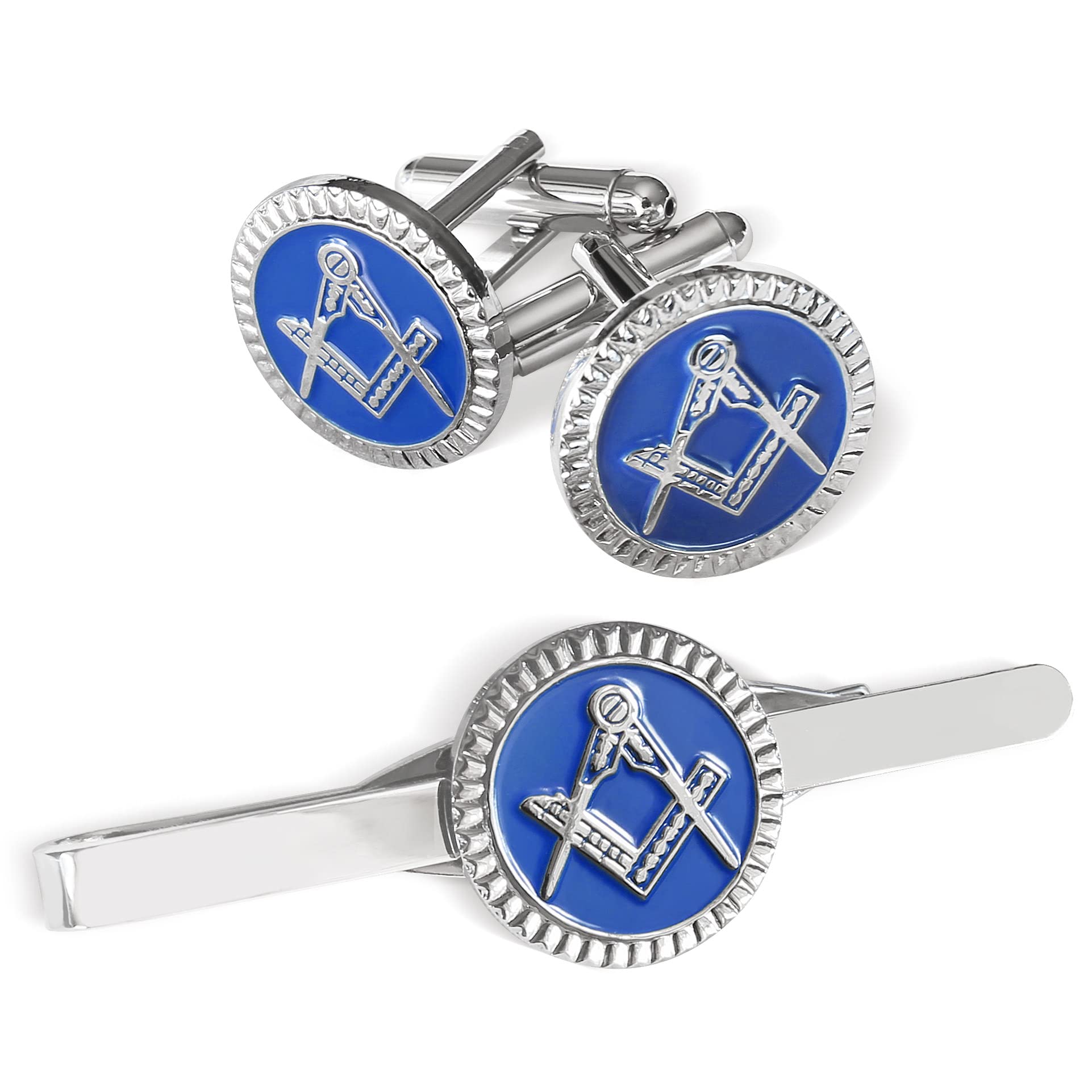 THE MASONIC COLLECTION - Square & Compass Cufflinks and Tieslide Set for Men - Blue and Silver Plated - Comes in Velvet Pouch/Gift Box - Freemason Gift For Men
