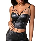 OYOANGLE Women's Pu Leather Cut Out Camisoles Strappy V Neck Backless Fitted Cami Crop Tops