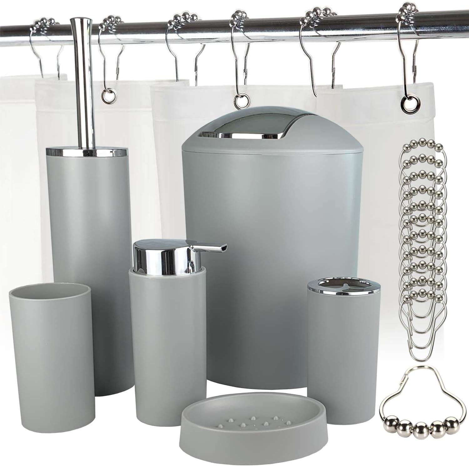Bathroom Accessories Set with Shower Curtain Liner and 12 Chrome Shower Curtain Rings, 6 Pc Plastic Set, Toothbrush Holder, Rinse Cup, Liquid Soap Dispenser, Soap Dish, Toilet Brush and Trash Can