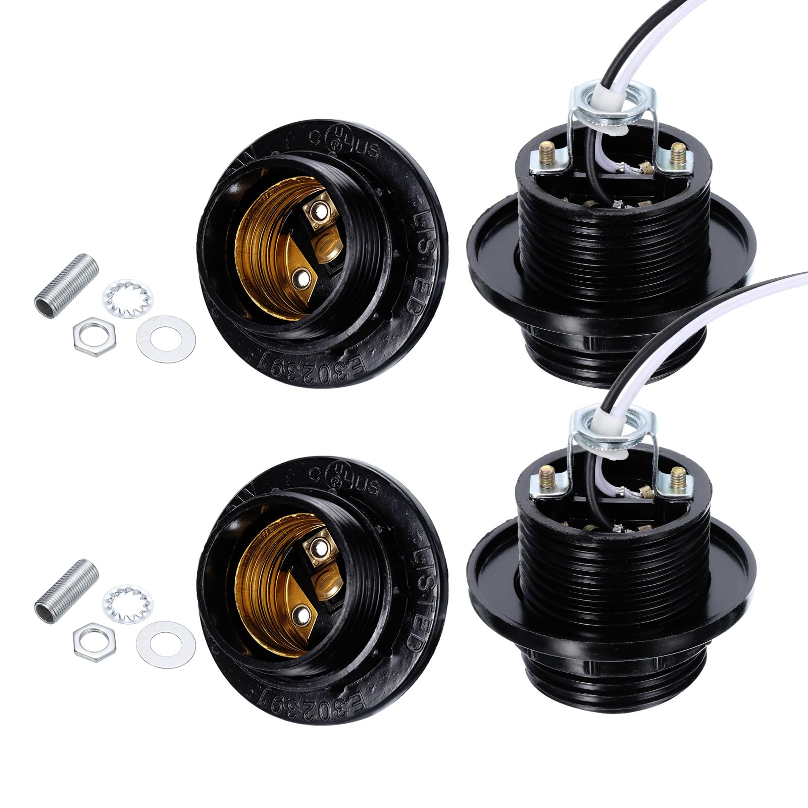 PATIKIL E27/E26 Light Bulb Socket, 4 Set Lamp Base Phenolic Full-thread Holder with 50 CM/19.5 Inches Wire Lead for Incandescent LED Light Bulbs Replacement,Black
