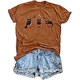 PICKID Halloween Shirts for Women: Embroidered Ghost Cat T-Shirt Spooky Season Tees Short Sleeve Casual Fall Tops