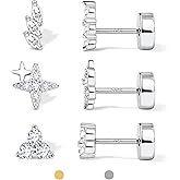 Dochais Flat Back Stud Earrings for Women and Men, Hypoallergenic 14k Gold Plated 925 Sterling Silver Post Stud Earrings Set, Gold and Silver Earrings with Screw for Sensitive Ears, Ideal for Helix, Tragus, and Cartilage Piercings (Silver 2)