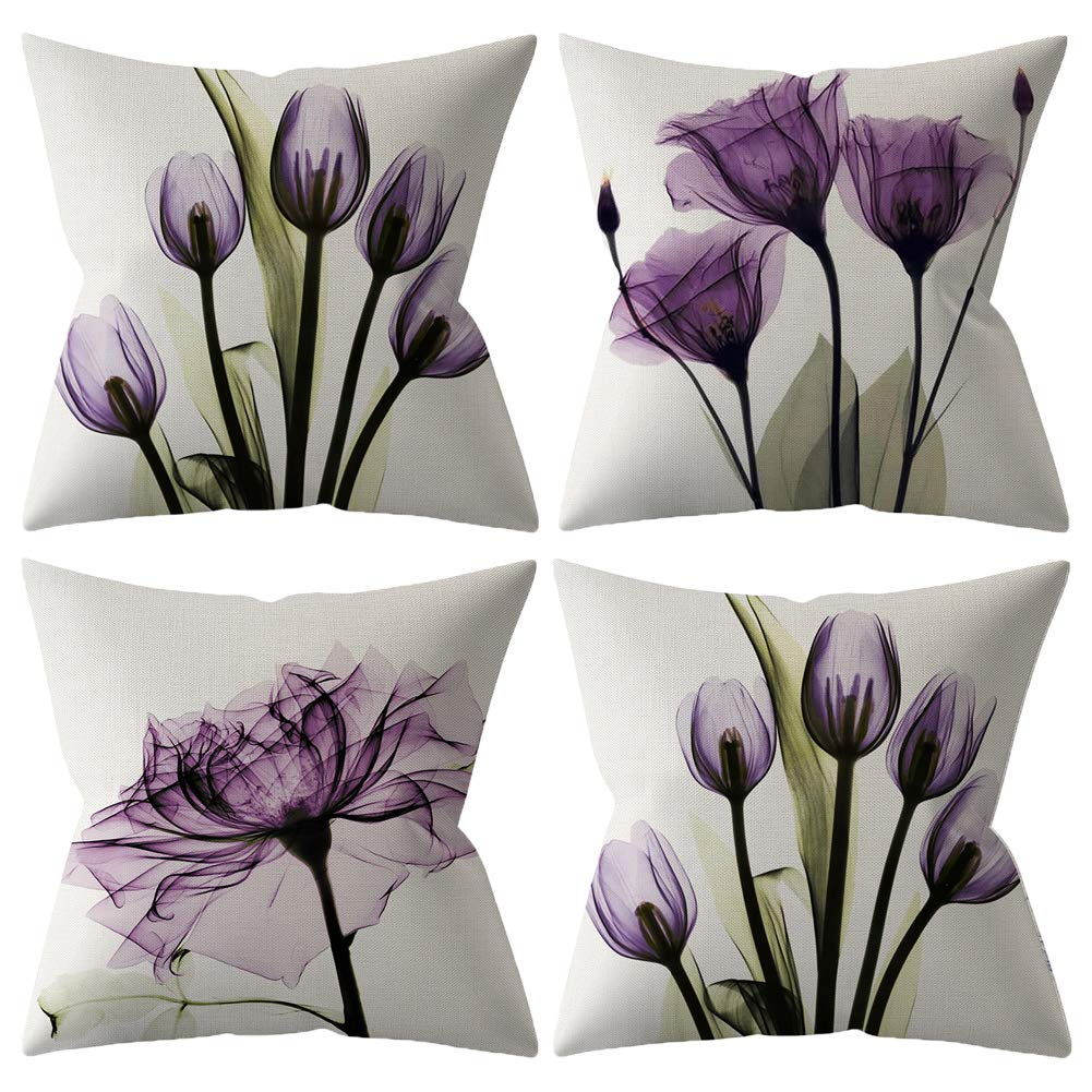 BCKAKQA Decorative Throw Pillow Covers 18x18 inches Set of 4 Purple Flower Cushion Covers 45cm x 45cm Boho Linen Square Throw Pillow Cases for Living Room Sofa Couch Bed Pillowcases — image 1