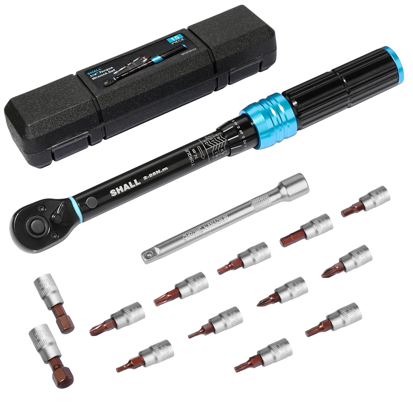 SHALL-15-Piece 1/4" Torque Wrench Set, (5-25Nm) Dual Direction Adjustable 72 Tooth for Bike and Motorcycle Maintenance,with Extension Pole and Storage Box