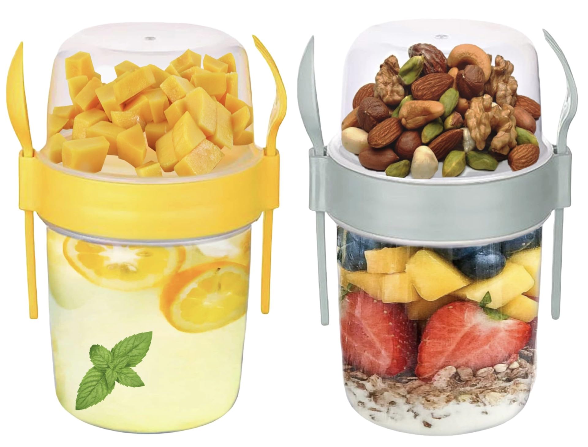 VL Yogurt Pots Reusable Overnight Oats Container with Spoon & Fork BPA free Breakfast Pots to GO Muesli Cereal On the Go Dishwasher Safe Lunch Box Oatmeal Jars (Set of 2 (Grey, Yellow), 1100ml)