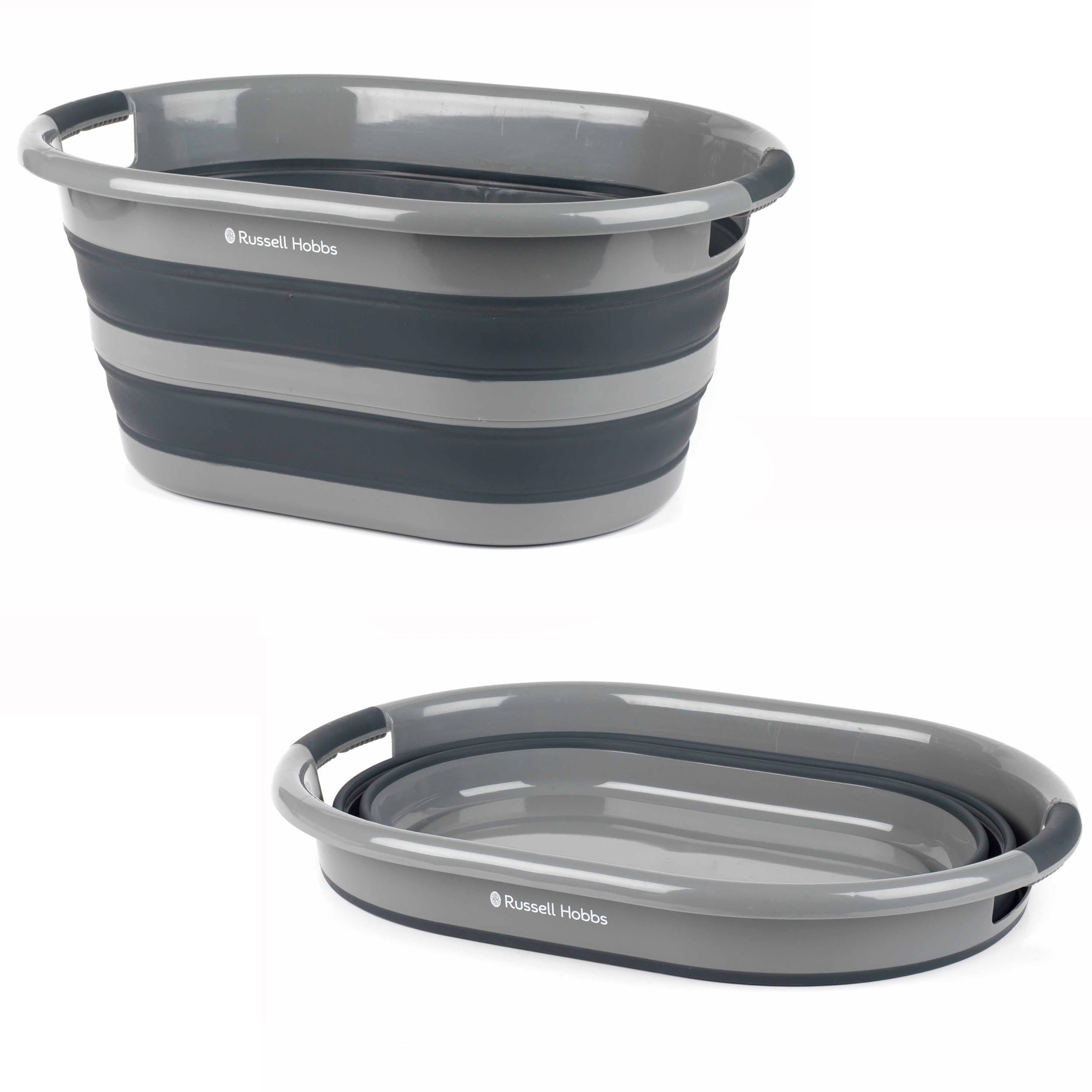 Russell Hobbs LA053879GRYEU Collapsible Laundry Basket/Washing Tub, 27L Large Laundry Basket, Silicone/Plastic Foldable Storage Container, Ergonomic Handles, Space Saving Camping/Portable Sink, Grey