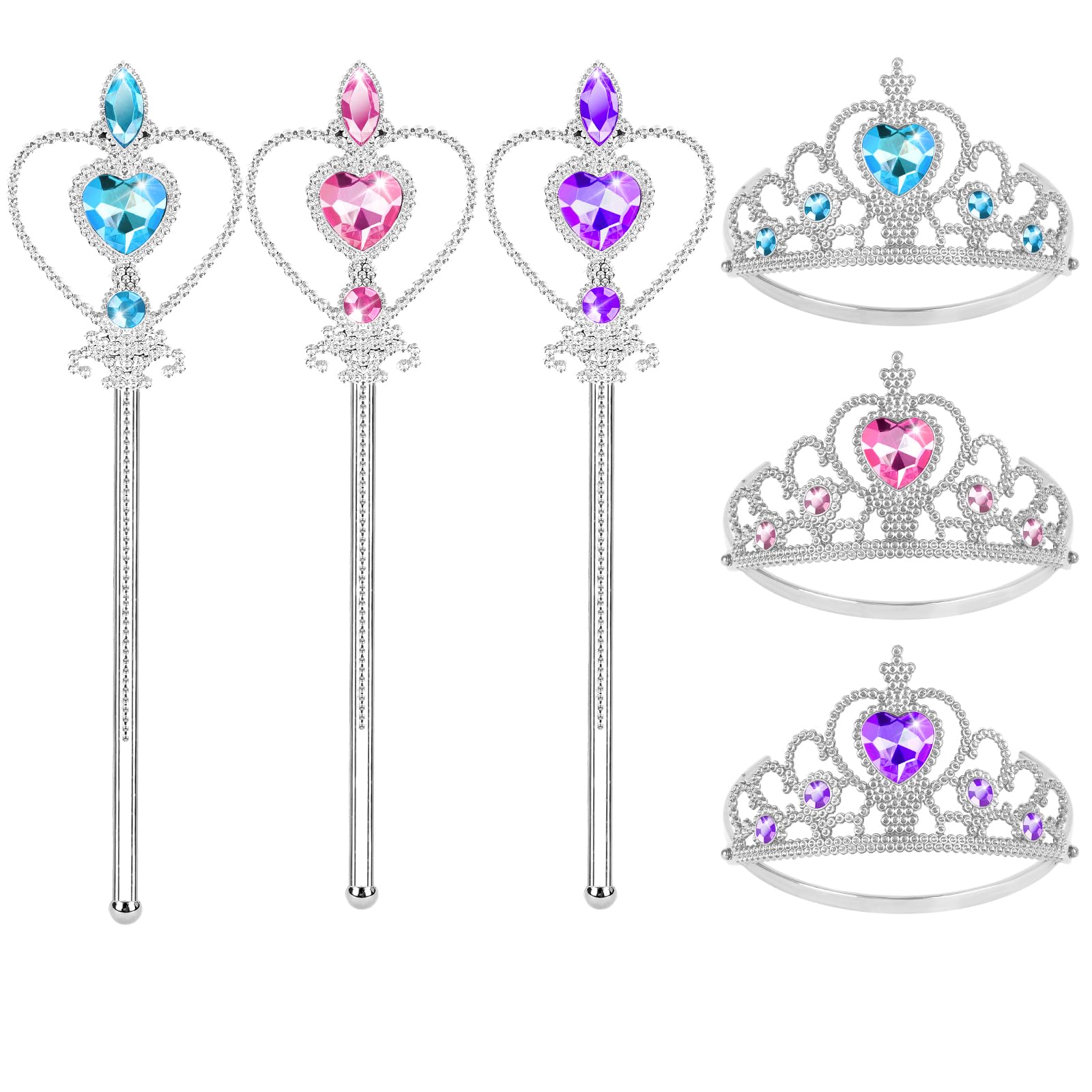 Aolso Elsa Dress Up Accessories Set, 6 PCS Princess Dress-up Party Accessories - Magic Wand and Tiara Crown, Princess Dress Up for Girls Birthday Party and Halloween Cosplay (Blue/Pink/Purple)