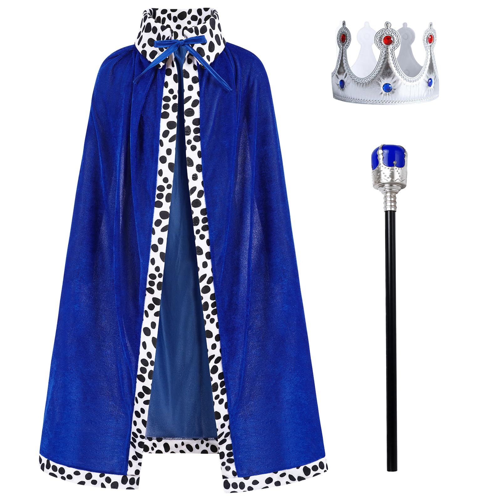 IWEMEK Men Boys Royal Prince Cape Crown Scepter Set Aldult Kids King Costume Fancy Dress Up Fairy Tale Cosplay Halloween Carinival Wolkd Book Day Pageant Party Outfits Blue 4-9 Years