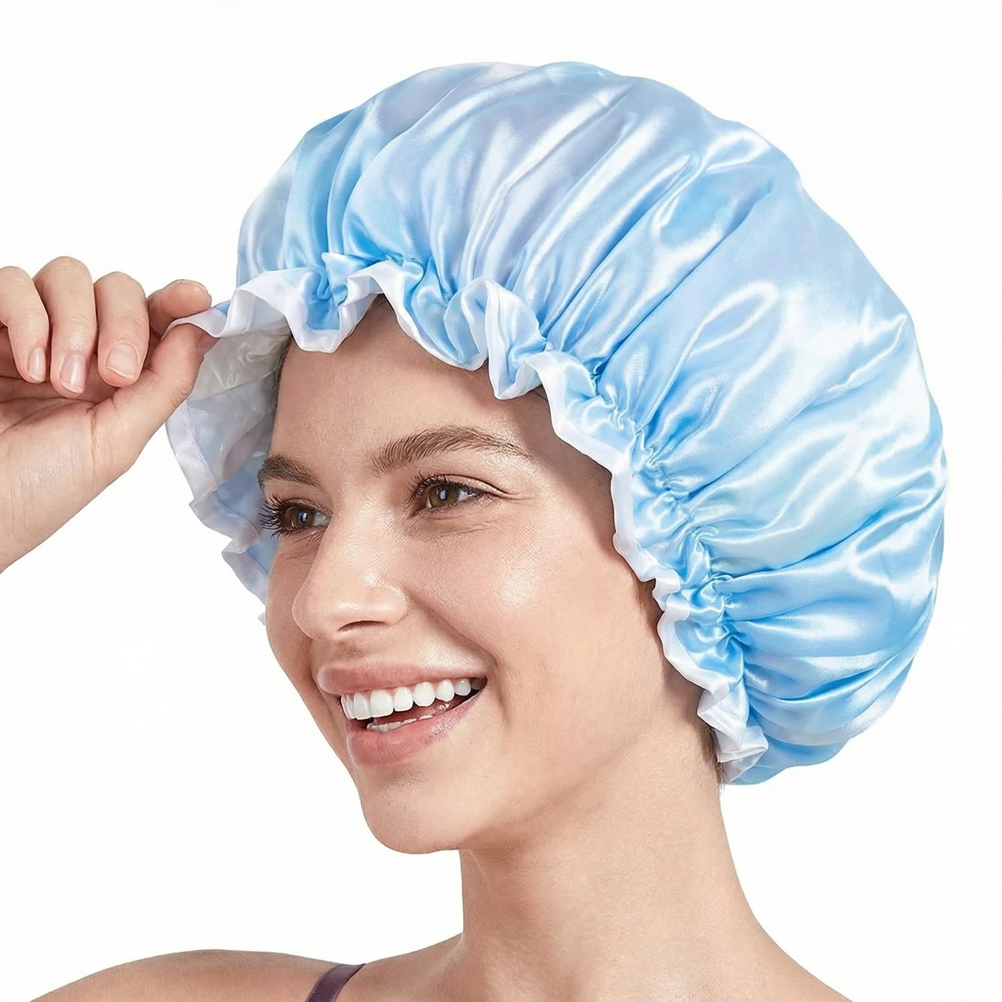 Aquior Shower Caps, Reusable Shower Cap for Women, Double Layer Waterproof Hair Cap, Large Size for All Hair Lengths, for Girls Spa Home Salon