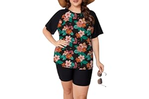 ZOMVA Plus Size Women's 2 Piece Rash Guard Swimsuit Modest Short Sleeves Swim Shirt with Boyshorts UPF 50+