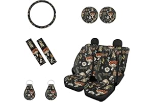 Biyejit Floral Mushroom Car Seat Covers Full Set with Steering Wheel Cover, 2pcs Seat Belt Cover + 2 Keychains + 2 Automotive Cup Holders Mushroom Car Accessories for Car SUV Truck Sedan