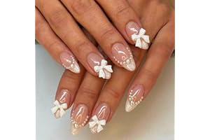 XENOPHOER White French Tip Press on Nails Almond Medium Fake Nails with White Pearls Bow Designs Pink Full Cover Glue on Nails Press ons Acrylic False Nails Glossy Stick on Nails for Women Girls 24pcs