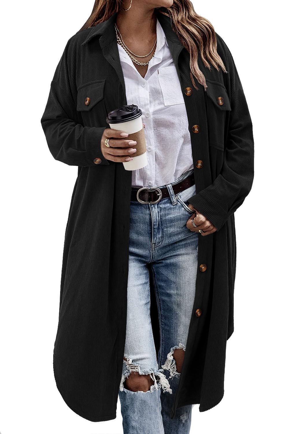 Photo 1 of CHICZONE Womens Casual Lapel Button Down Long Corduroy Shirt Jacket Shacket Long Sleeve Trench Coat Black M