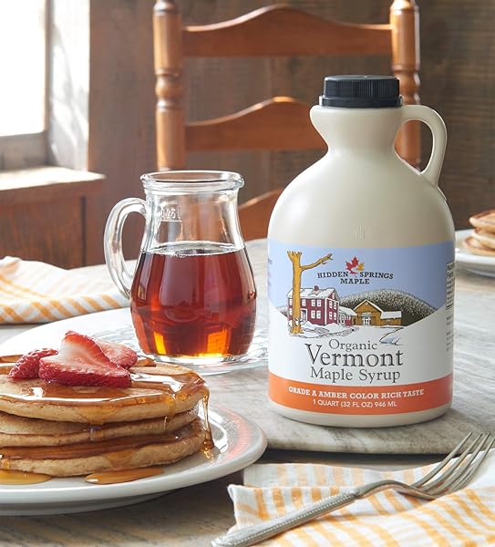 HIDDEN SPRINGS MAPLE ORGANIC VERMONT MAPLE SYRUP, GRADE A AMBER RICH, 32 OUNCE, 1 QUART, FAMILY FARMS, BPA-FREE JUG