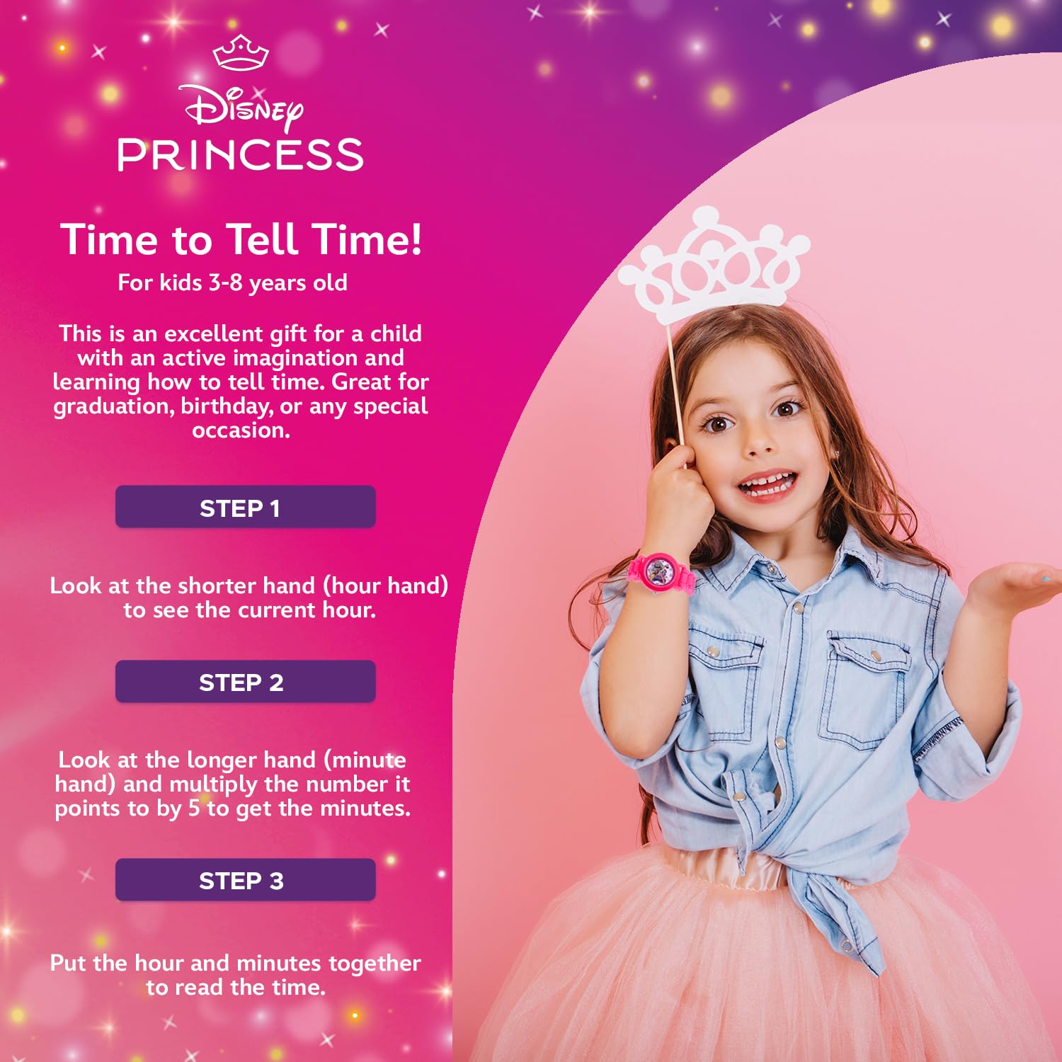 Disney Princess Watch for Girls – Kids' Princess Watch with Pink Plastic Case & Purple Silicone Strap – Gift for Girls Age 4-7, Toddler Watches, Cute & Durable Kids’ Timepiece