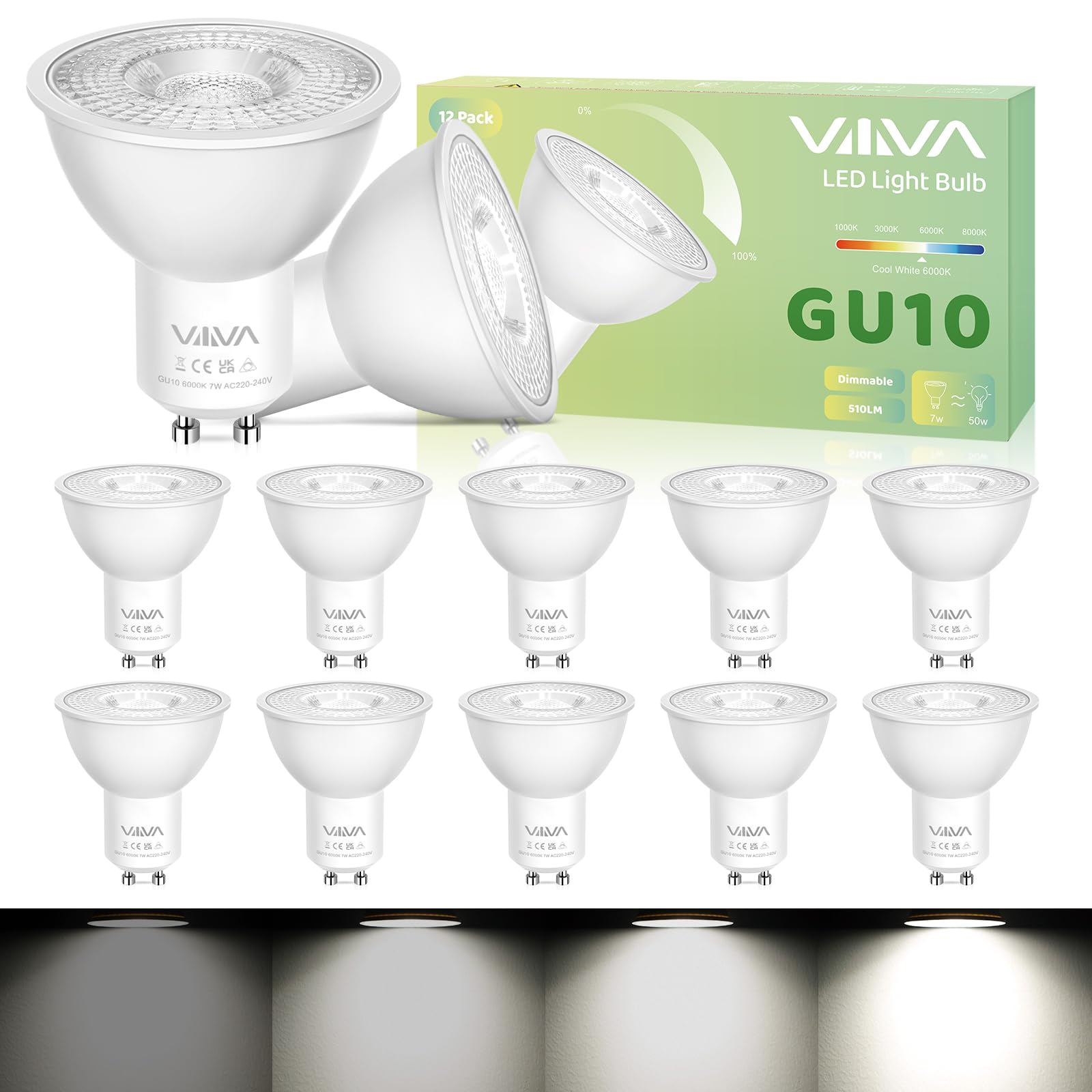 VIIIVA GU10 Led Bulbs Cool White Dimmable-12 Packs,7W 6000K Spotlight Light Bulb, (50W Equivalent) Energy Saving, CRI>80, 510LM, 38° Beam Angle, Non-Flicker, for Home Lighting