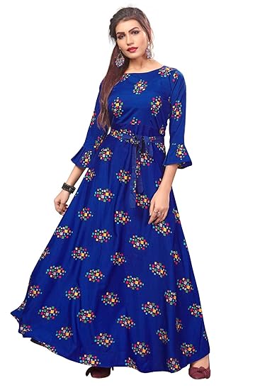 Ethnic 4 You Women Long Fit & Flare Sttiched Gown(Blue)_GW160