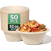 hooray mida 32 Oz [50 Pack] Heavy Duty Deep Paper Bowls - Disposable and Compostable - Made from Eco-friendly Sugarcane Bagasse - Biodegradable Bowls for Soup, Salad, Dessert, Ice Cream