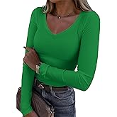Roselux Womens Long Sleeve V Neck Ribbed Knit Fitted Casual Tops Tee Slim Basic Shirt