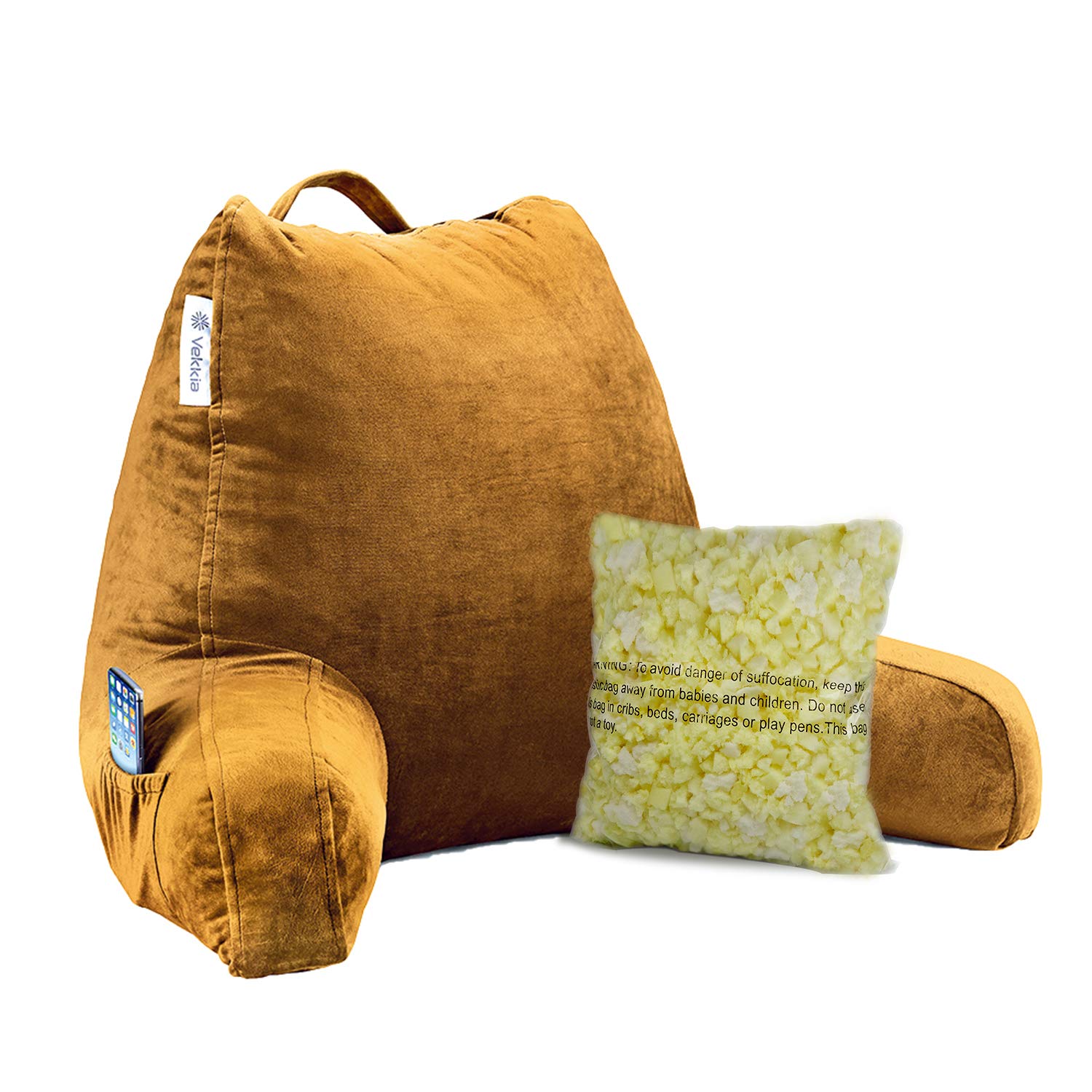 Vekkia Premium Soft Reading & Bed Rest Pillow with Memory Foam, Support Arms, Pockets, Removable Cover. Perfect Back Support for Reading/Relaxing/Watching TV –Extra Foams Incl. (18 in, Brown)