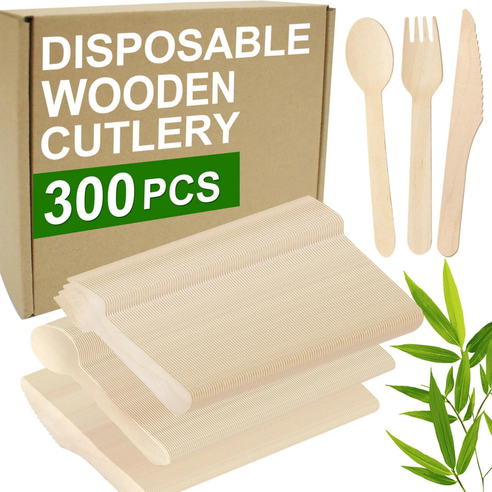 Photo 1 of PEOUWNES 300 Pcs Wooden Disposable Cutlery Set - 100 Forks, 100 Knives and 100 Spoons, Compostable Forks, Wooden Utensil Set for Party, Picnics, Dinner and Wedding