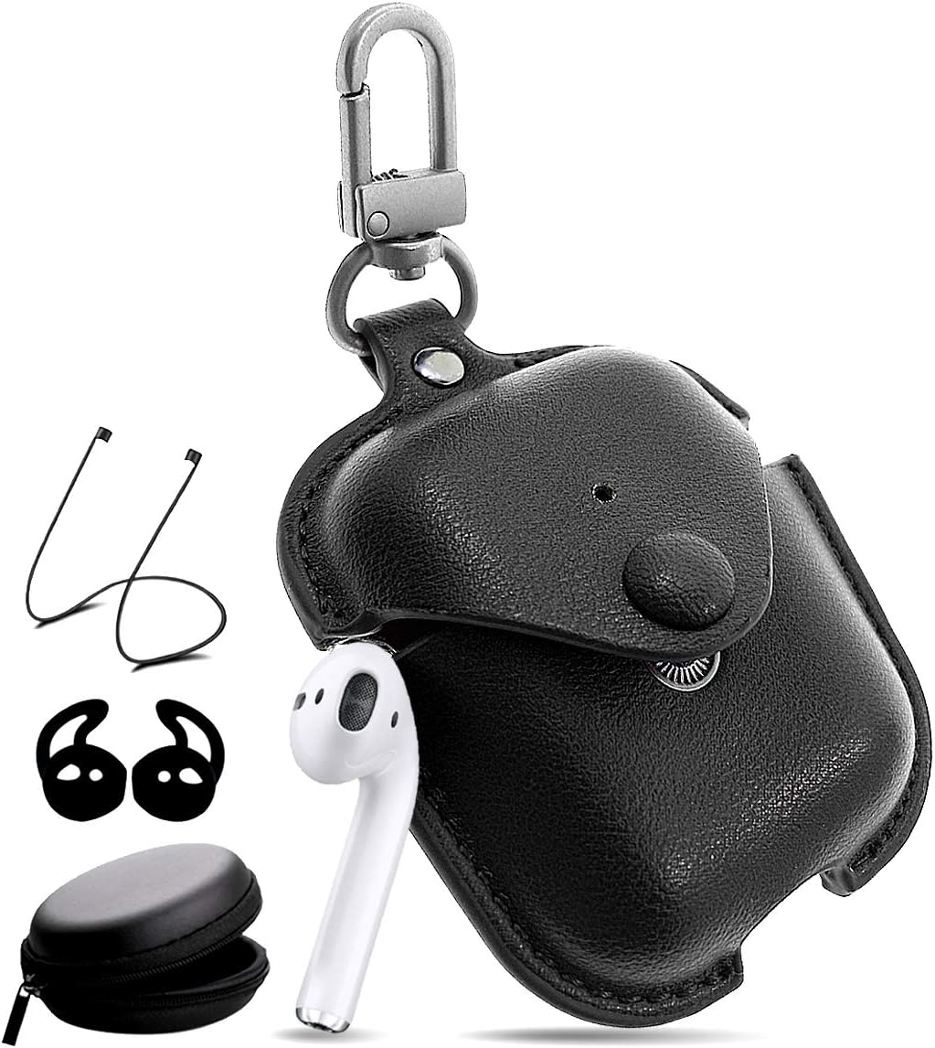 Airpods Leather Case with Strap Kit and Keychain Accessories, Houbox Full Protective Airpod Case for Birthday Compatible Apple Airpods Charging Case (Black)