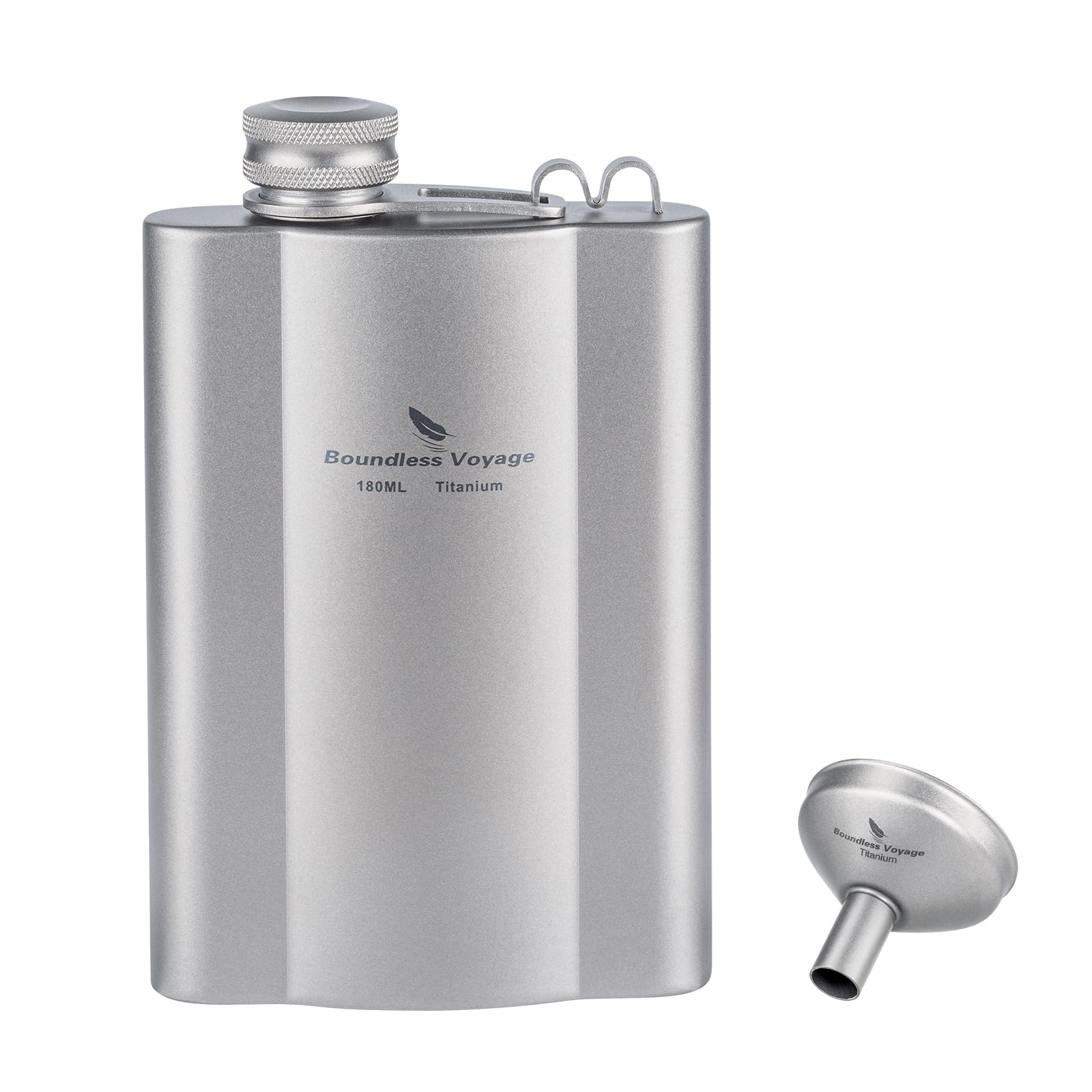 iBasingo Titanium Hip Flask Ultralight Small Liquor Flask Outdoor Portable Travel Whiskey Vodka Wine Bottle Pocket Drinking Pot with Funnel (180ml Silver Flask Ti3071D)