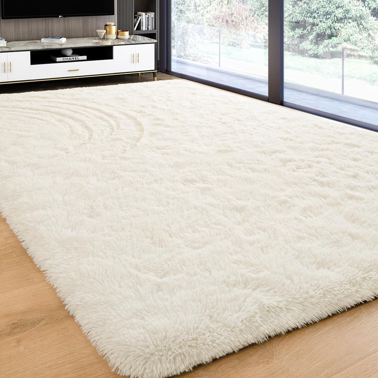 Oxford Homeware Rugs Living Room 120 x 170 cm – Fluffy Shaggy Cream Area Rugs for Bedroom, Lounge – Super Soft Non Slip Rug Washable Modern Floor Carpets Bedside Rug for Kids Room