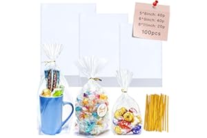 Cherodada Clear Cellophane Treat Bags with Ties, 5"x 8", 6"x 9", 8"x 11" (100 pcs) Bottom Gusset Bags, Clear Gift Bags for Party Favor, Gift Wrapping, Wrapping Candies, Cookies, Chocolates, Popcorn