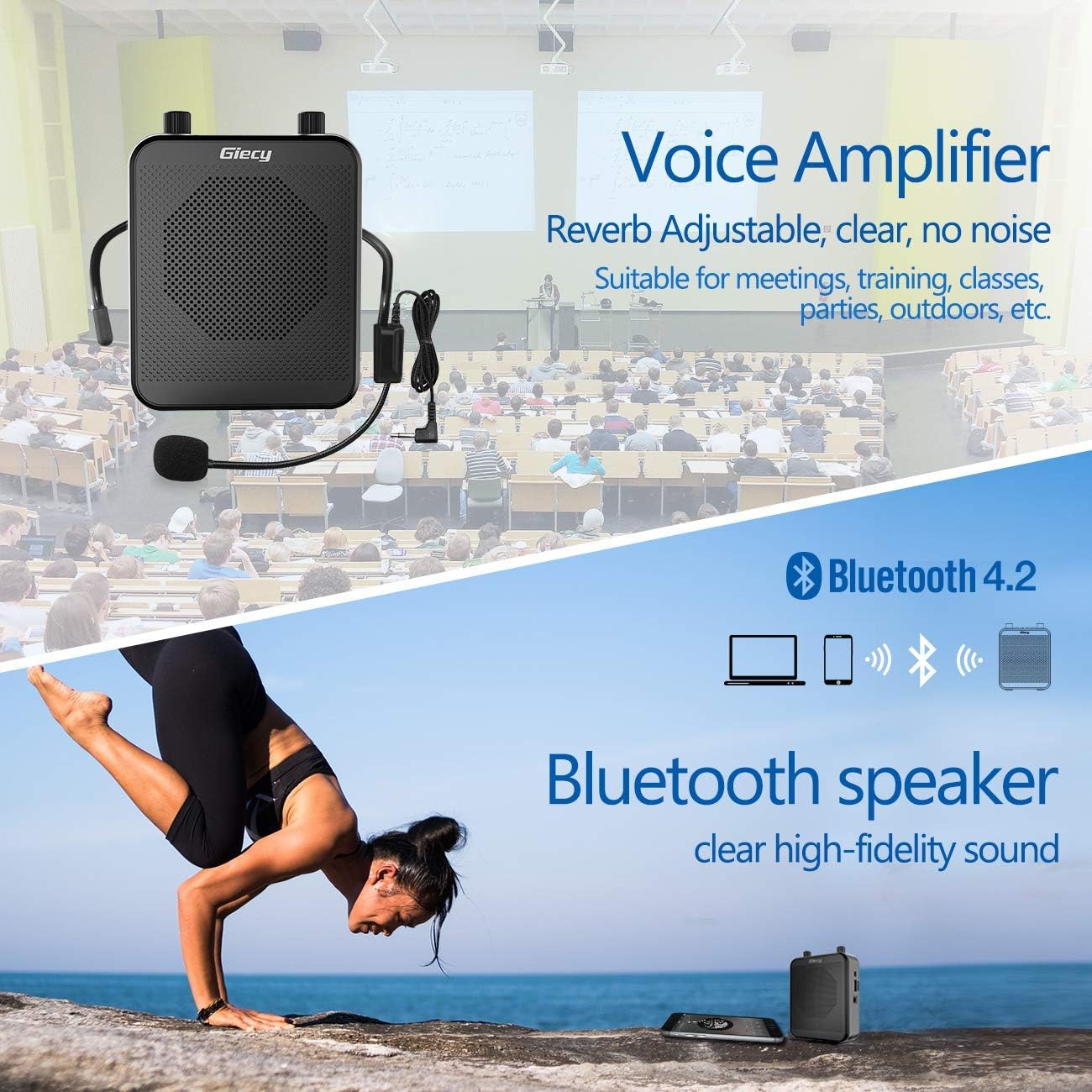 Giecy Voice Amplifier Portable Bluetooth 30W 2800mAh Rechargeable PA System Speaker for Multiple Locations Such as Classroom, Meetings and Outdoors: Musical Instruments