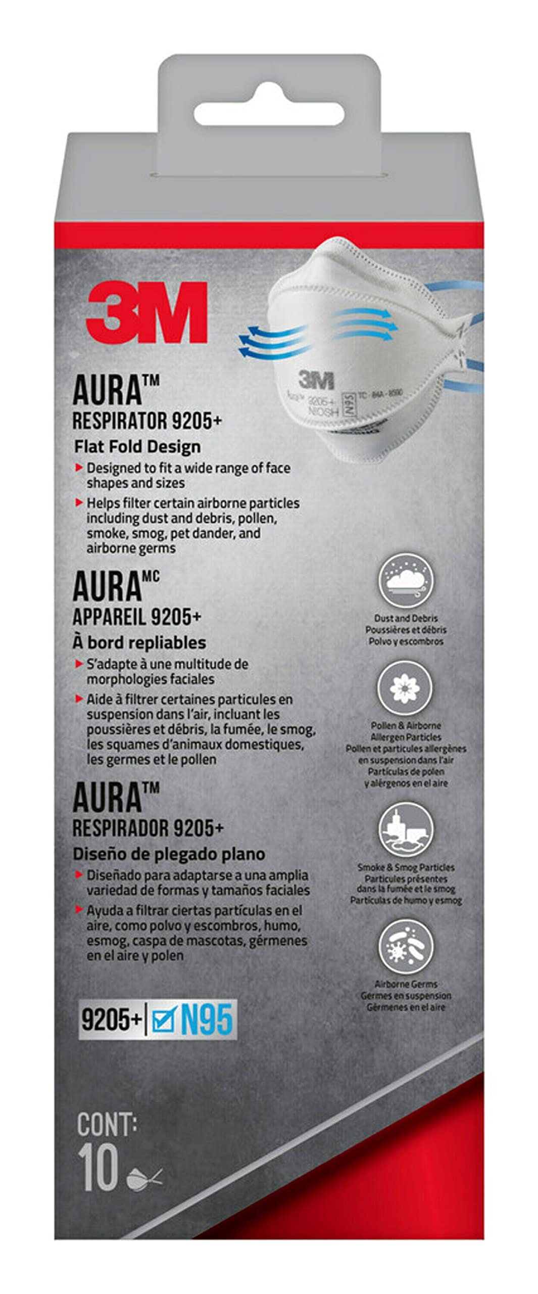 Photo 1 of 3M Aura Particulate Respirator 9205+ N95, Lightweight, Three Panel Designed Respirator Helps Provide Comfortable And Convenient Respiratory Protection, 10-Pack