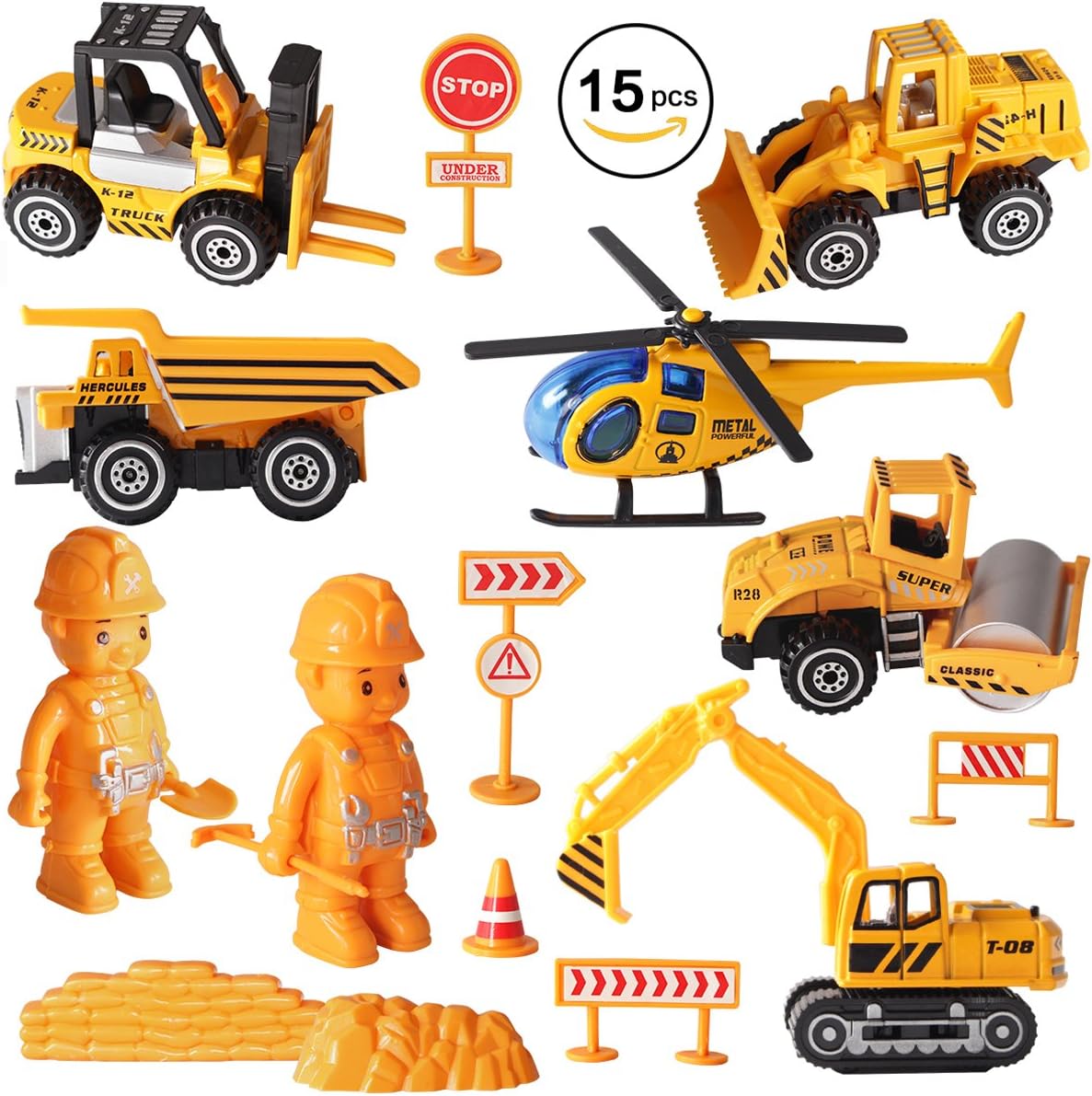 Construction Toys Vehicles Set of 5 Free-Wheeling Construction Vehicles,1 Helicopter, 2 Construction Workers with Tools,7 Safety Signs for Children with Die Cast ABS Material