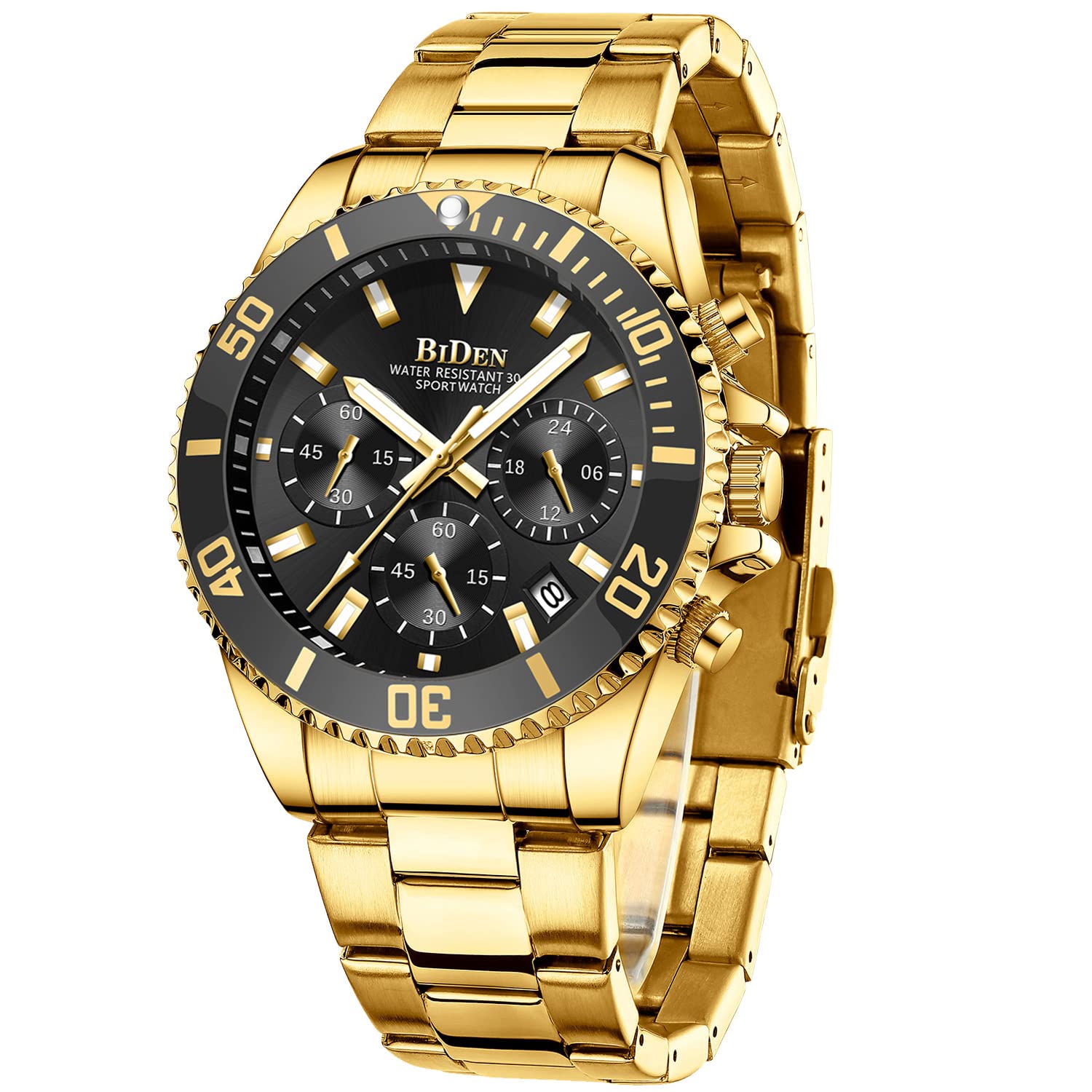 Mens Watches, Designer Chronograph Military Waterproof Analogue Quartz, Stainless Steel Wrist Watch Fashion Large Date Watches,Gold Black โ image 1