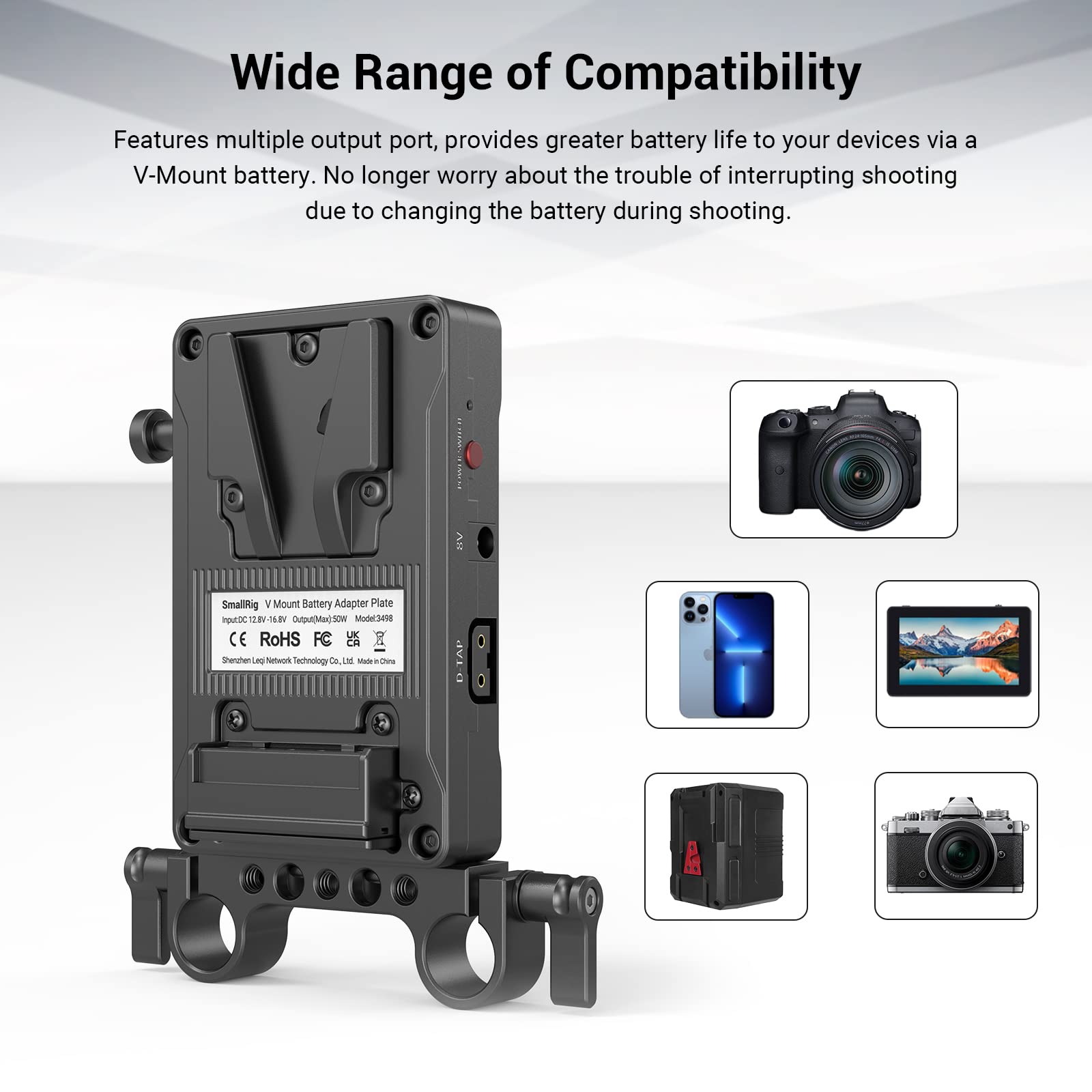 SmallRig V-Mount Battery Adapter Plate, V-Lock Battery Plate with Dual D-TAP and DC Ports, 15 mm Rod Clamp and 1/4