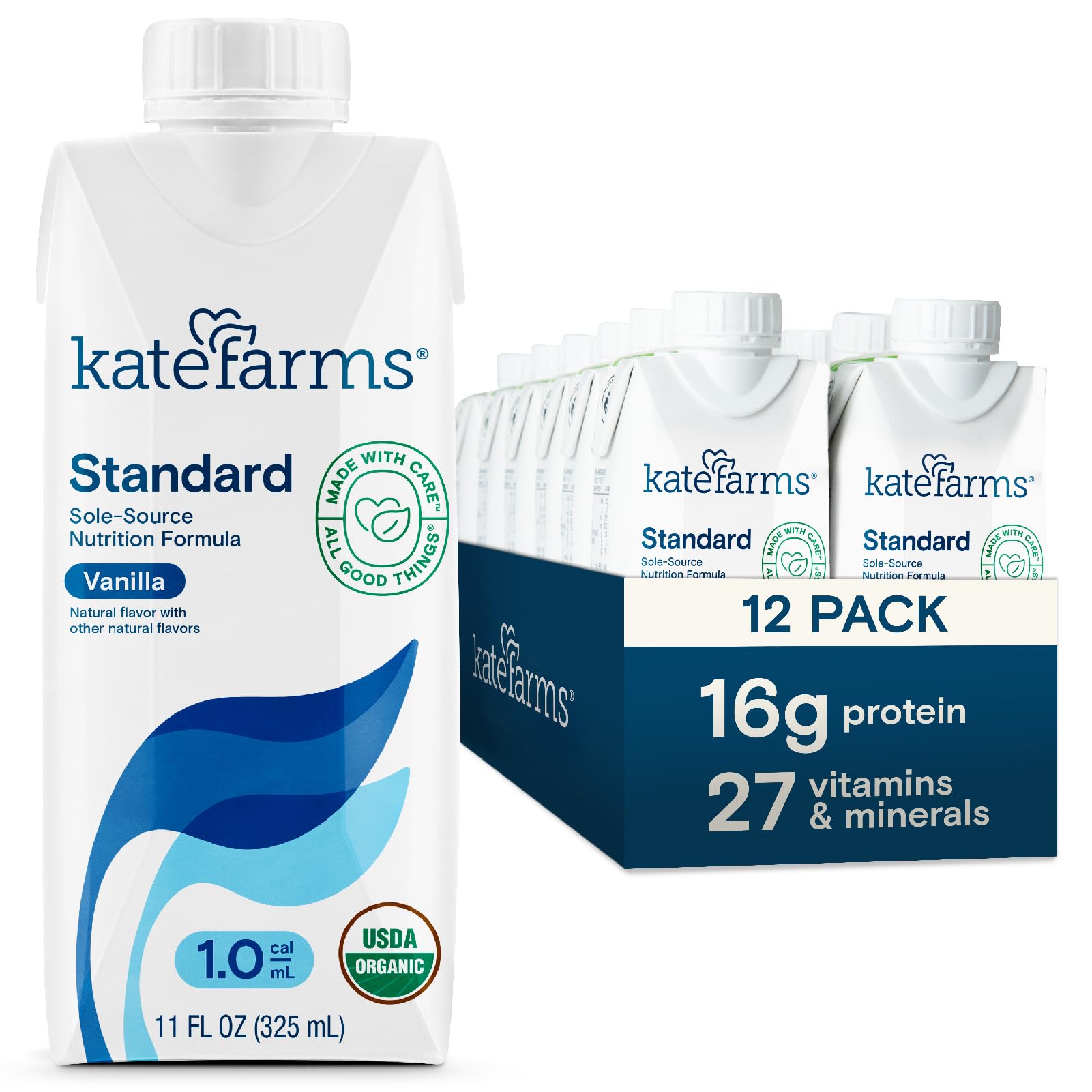 KATE FARMS Organic 1.0 Sole-Source Nutrition Shake, Vanilla, 16g Protein, 27 Vitamins and Minerals, Meal Replacement, Protein Shake, 11 oz (12 Pack) Image