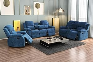 A Ainehome Living Room Furniture Set Recliner Sofa Set Loveseat Chair Furniture Sofa Set for Living Room/Small Space/Rv/House/Office/Theater Seating (A-Blue Microfiber, 3 Piece Set)